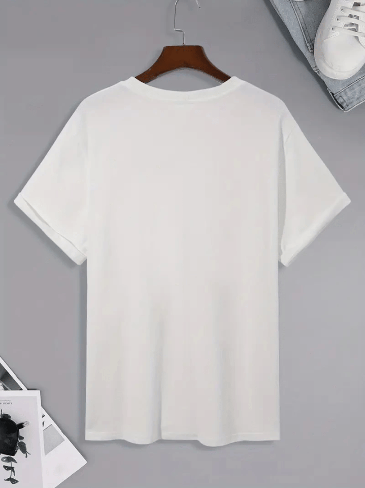 Baskılı Oversize Bisiklet Yaka T-shirt - Beyaz
