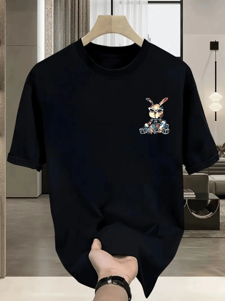 Baskılı Oversize Bisiklet Yaka T-shirt - Siyah