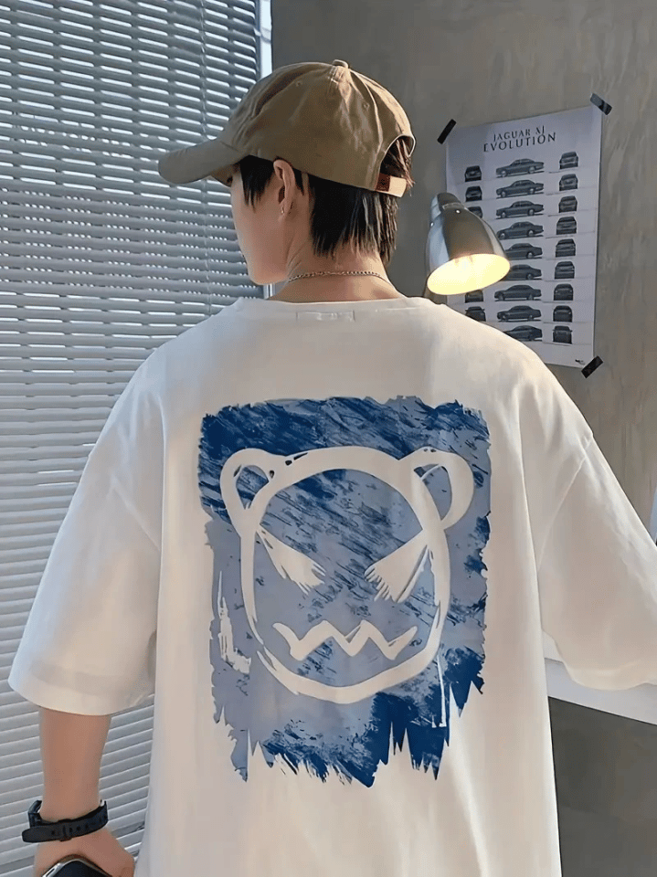 Baskılı Oversize Bisiklet Yaka T-shirt - Beyaz