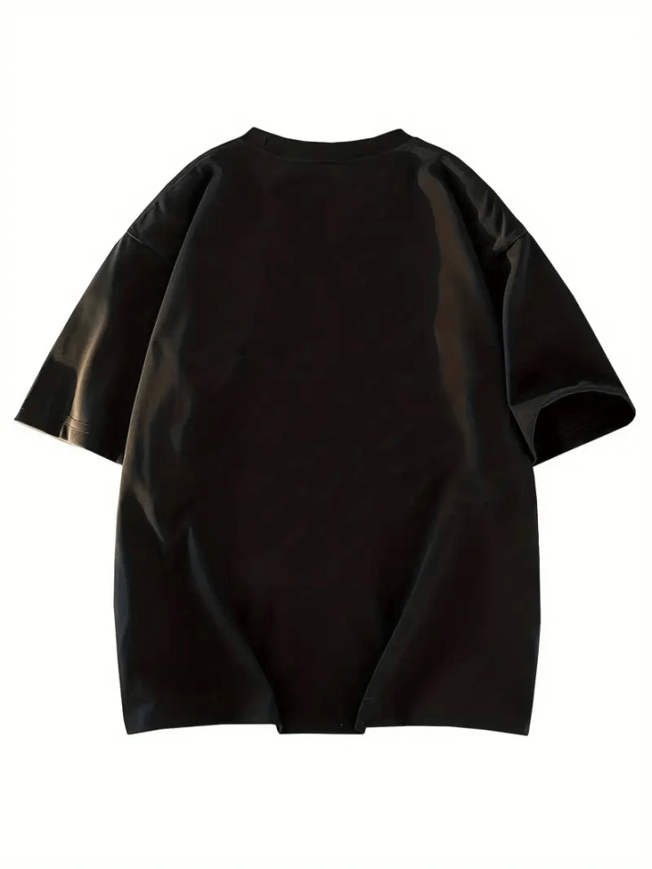 Baskılı Oversize Bisiklet Yaka T-shirt - Siyah