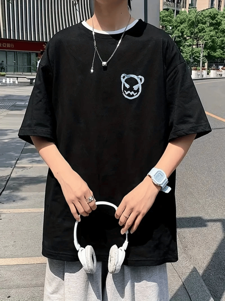 Baskılı Oversize Bisiklet Yaka T-shirt - Siyah