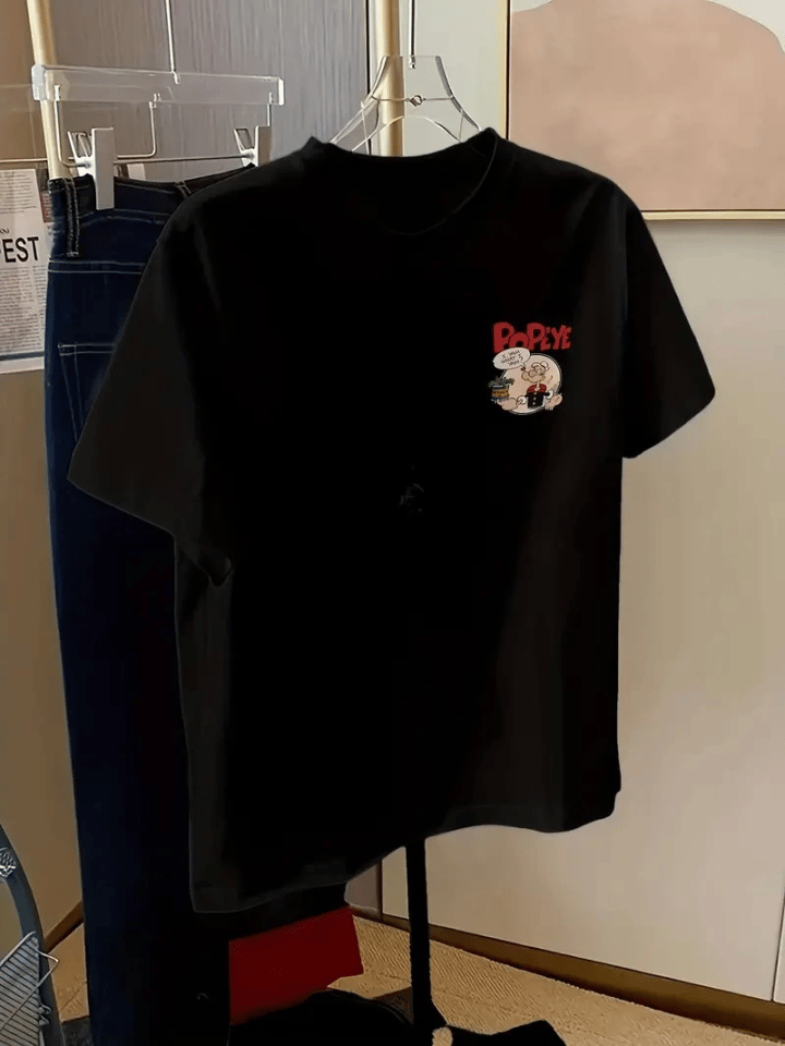Baskılı Oversize Bisiklet Yaka T-shirt - Siyah