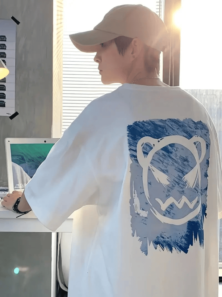 Baskılı Oversize Bisiklet Yaka T-shirt - Beyaz