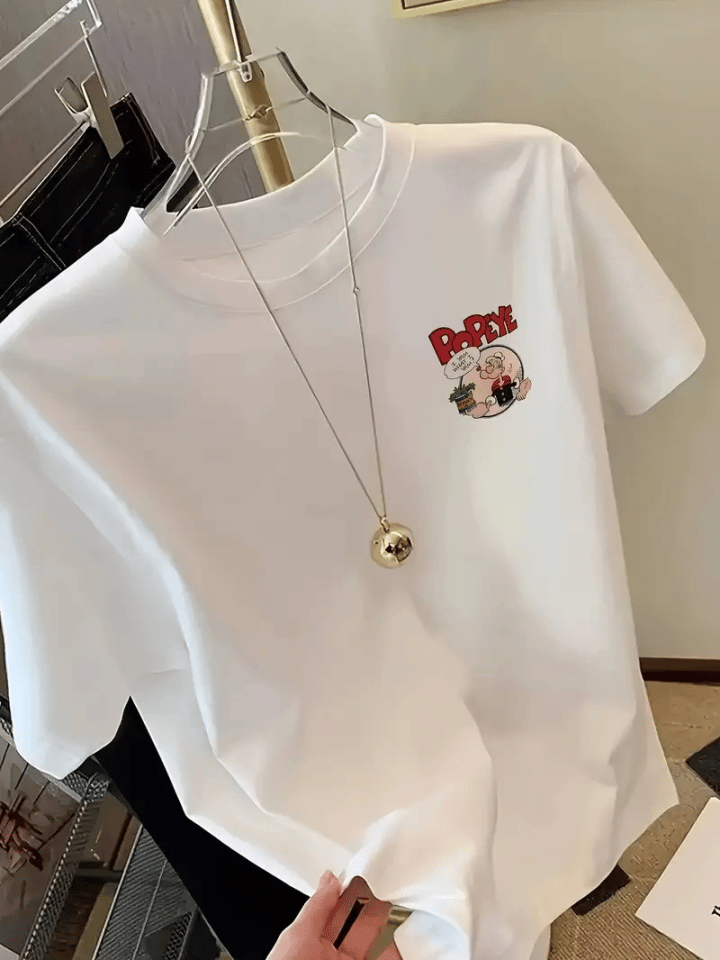 Baskılı Oversize Bisiklet Yaka T-shirt - Beyaz