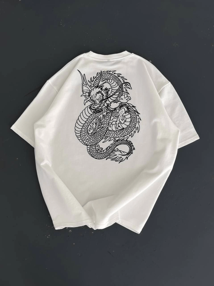 Baskılı Oversize Bisiklet Yaka T-shirt - Beyaz