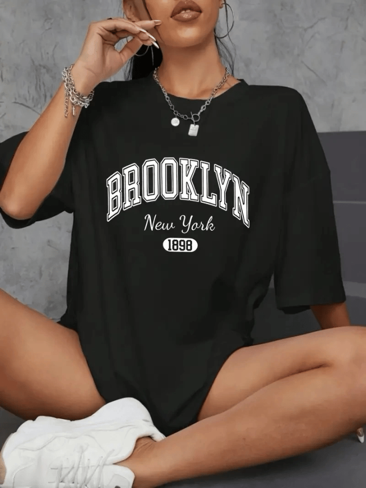 Baskılı Oversize Bisiklet Yaka T-shirt - Siyah
