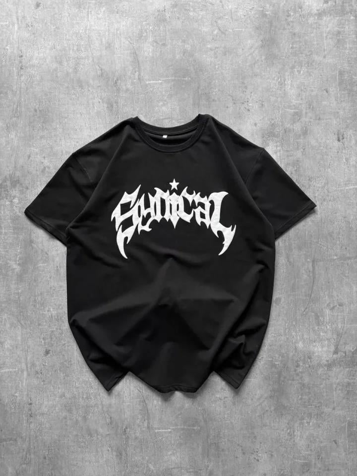 Bisiklet Yaka Ön Baskılı  Kısa Kollu Tişört Streetwear Günlük Basic Pamuklu T-shirt - Siyah