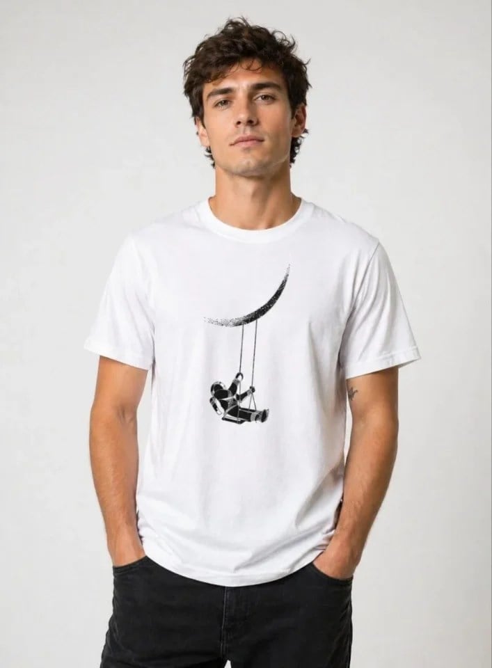 Erkek Astronot Ay Temalı Tişört Kısa Kol Yazlık Bisiklet Yaka T-Shirt - Beyaz