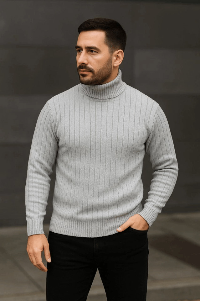 Erkek Balıkcı Yaka Bağazlı Triko Kazak Pamuklu Kalın Fitilli Dokuma, Regular Fit Uzun Kollu Kışlık Model - Gri