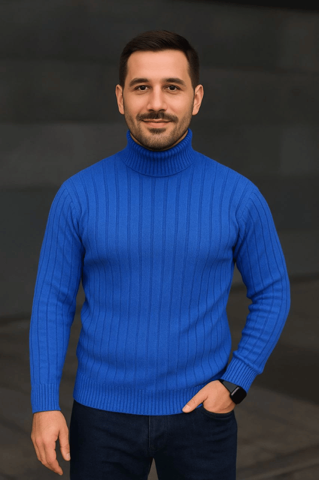 Erkek Balıkcı Yaka Bağazlı Triko Kazak Pamuklu Kalın Fitilli Dokuma, Regular Fit Uzun Kollu Kışlık Model - Saks Mavisi
