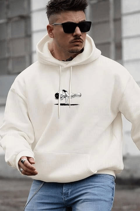 Erkek Baskılı Kapüşonlu Ve Kordon İpli Sweat - Beyaz