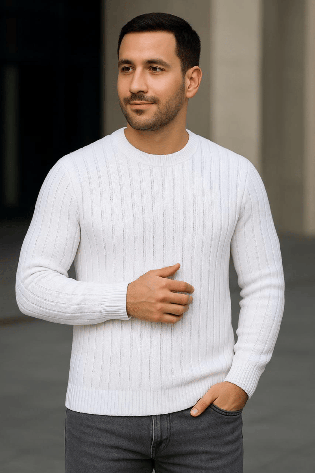 Erkek Bisiklet Yuvarlak Yaka Triko Kazak Pamuklu Kalın Fitilli Dokuma, Regular Fit Uzun Kollu Kışlık Model - Beyaz
