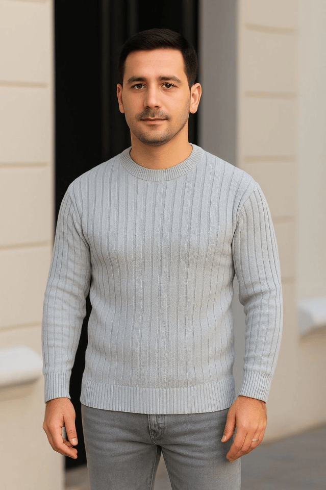 Erkek Bisiklet Yuvarlak Yaka Triko Kazak Pamuklu Kalın Fitilli Dokuma, Regular Fit Uzun Kollu Kışlık Model - Gri