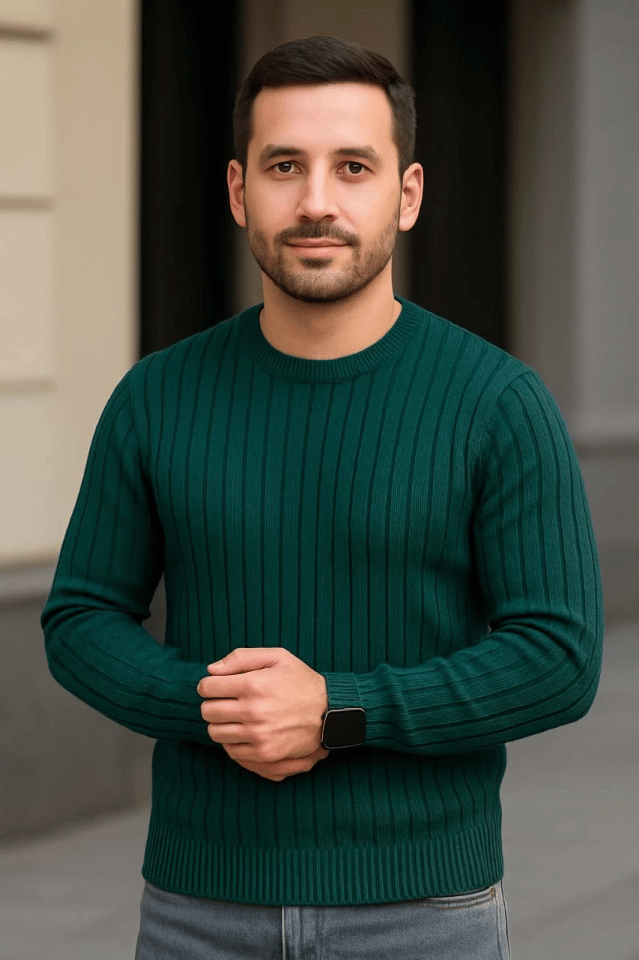 Erkek Bisiklet Yuvarlak Yaka Triko Kazak Pamuklu Kalın Fitilli Dokuma, Regular Fit Uzun Kollu Kışlık Model - Haki