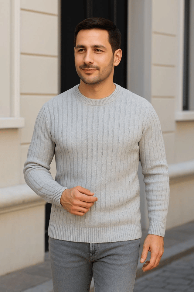 Erkek Bisiklet Yuvarlak Yaka Triko Kazak Pamuklu Kalın Fitilli Dokuma, Regular Fit Uzun Kollu Kışlık Model - Gri