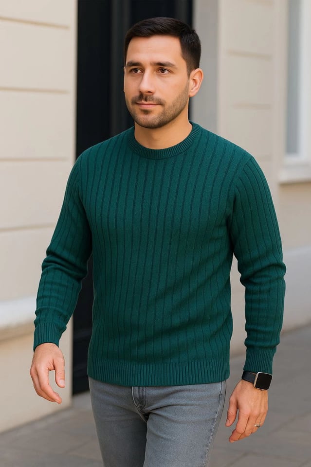 Erkek Bisiklet Yuvarlak Yaka Triko Kazak Pamuklu Kalın Fitilli Dokuma, Regular Fit Uzun Kollu Kışlık Model - Haki