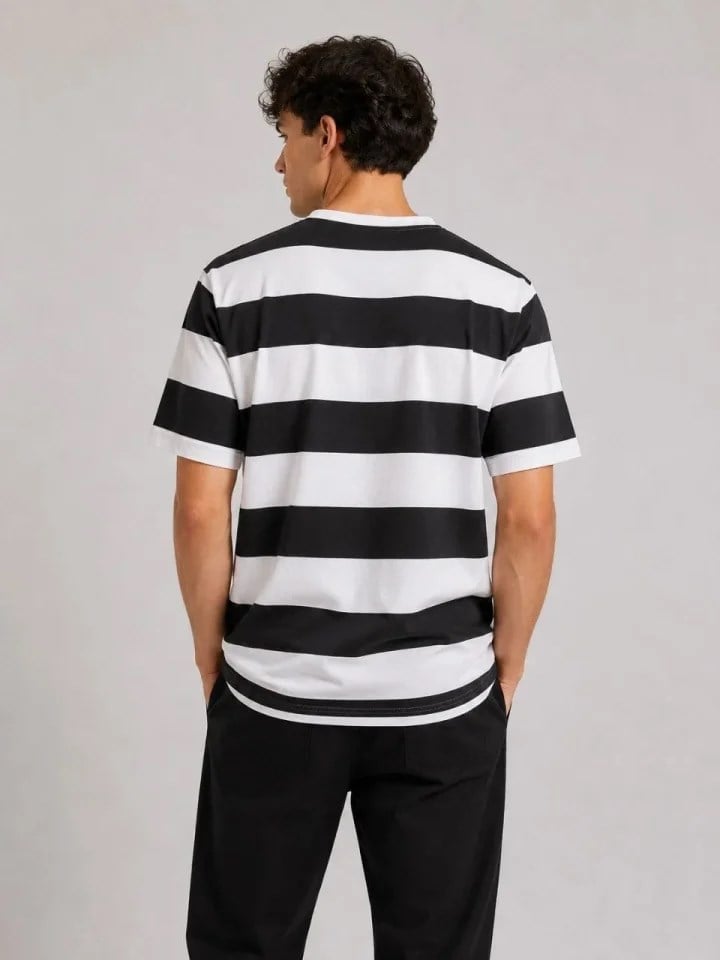 Erkek Çizgili Oversize Tişört Bisiklet Yaka Kısa Kol Yazlık T-Shirt - Siyah