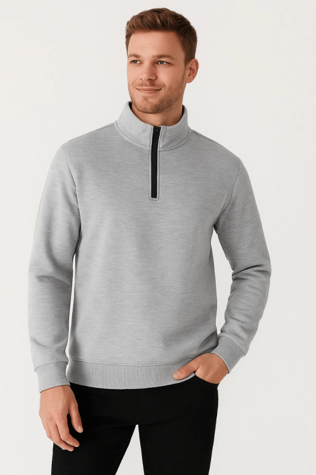 Erkek Dik Yaka Sweatshirt Dik Yaka Yarım Fermuarlı 3 İplik Şardonlu Pamuk Kumaş - Gri