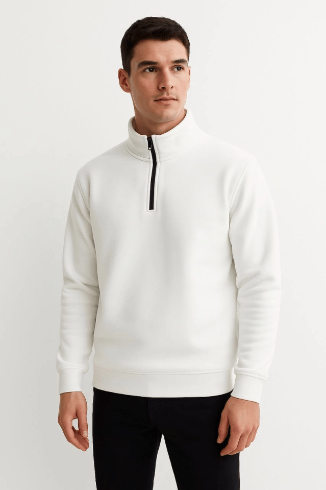 Erkek Dik Yaka Sweatshirt Dik Yaka Yarım Fermuarlı 3 İplik Şardonlu Pamuk Kumaş - Beyaz