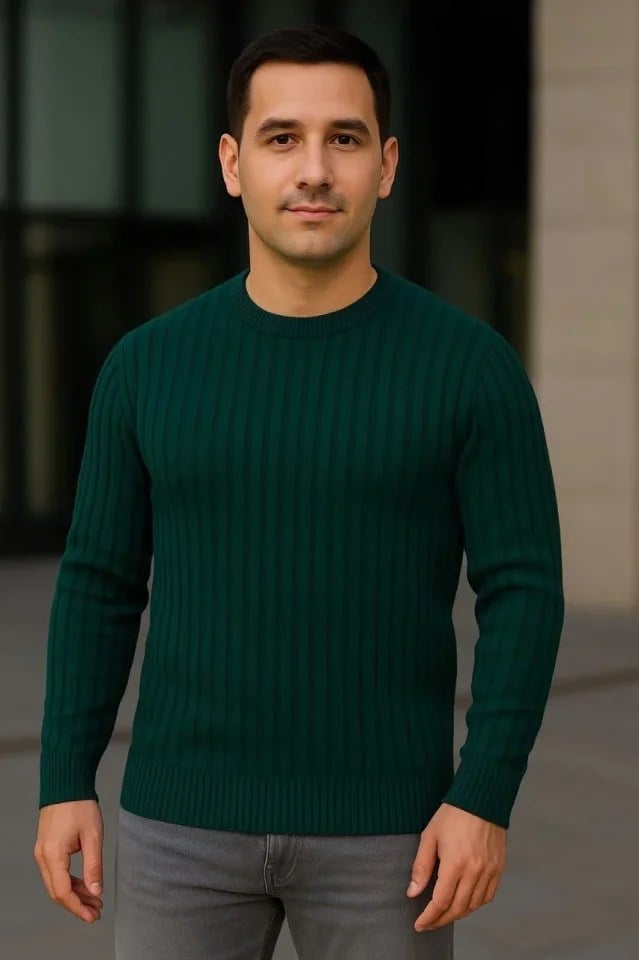 Erkek Fitilli Triko Kazak 2’li Set Siyah Haki Kalın Dokuma Pamuklu Regular Fit Bisiklet