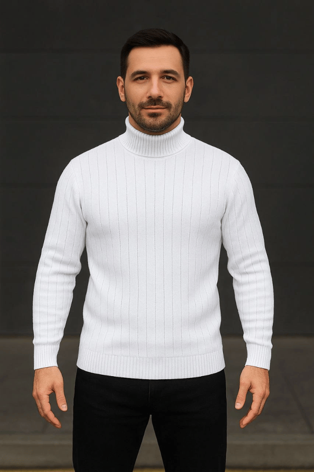 Erkek Fitilli Triko Kazak 3lÜ Set Beyaz Bordo Siyah Regular Balıkcı Yaka Tam Boğazlı Triko Seti Modeli Kazak