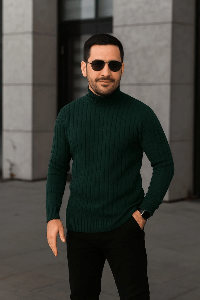 Erkek Fitilli Triko Kazak 3lÜ Set Gri Haki Siyah Regular Balıkcı Yaka Tam Boğazlı Triko Seti Modeli Kazak
