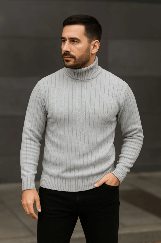 Erkek Fitilli Triko Kazak 3lÜ Set Gri Haki Siyah Regular Balıkcı Yaka Tam Boğazlı Triko Seti Modeli Kazak