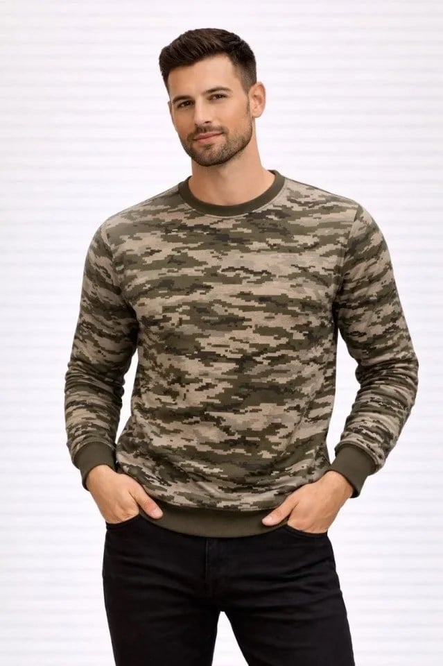 Erkek Kamuflaj Desenli 2 İplik 4 Mevsim Uzun Kollu Bisiklet Yaka Sweatshirt - Kamuflaj