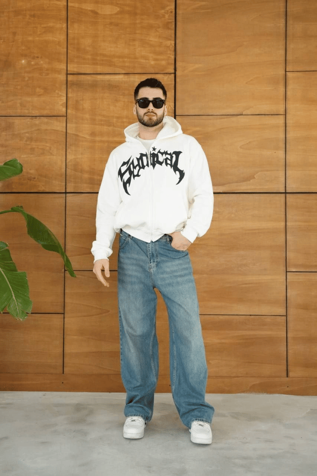 Erkek Kapüşonlu Sweatshirt Hoodie 3 İplik Şardonlu Pamuklu Kumaş, Önü Baskılı, Fermuarlı Rahat Kalıp, Kışlık Ve Sokak Stili Sweat - Beyaz