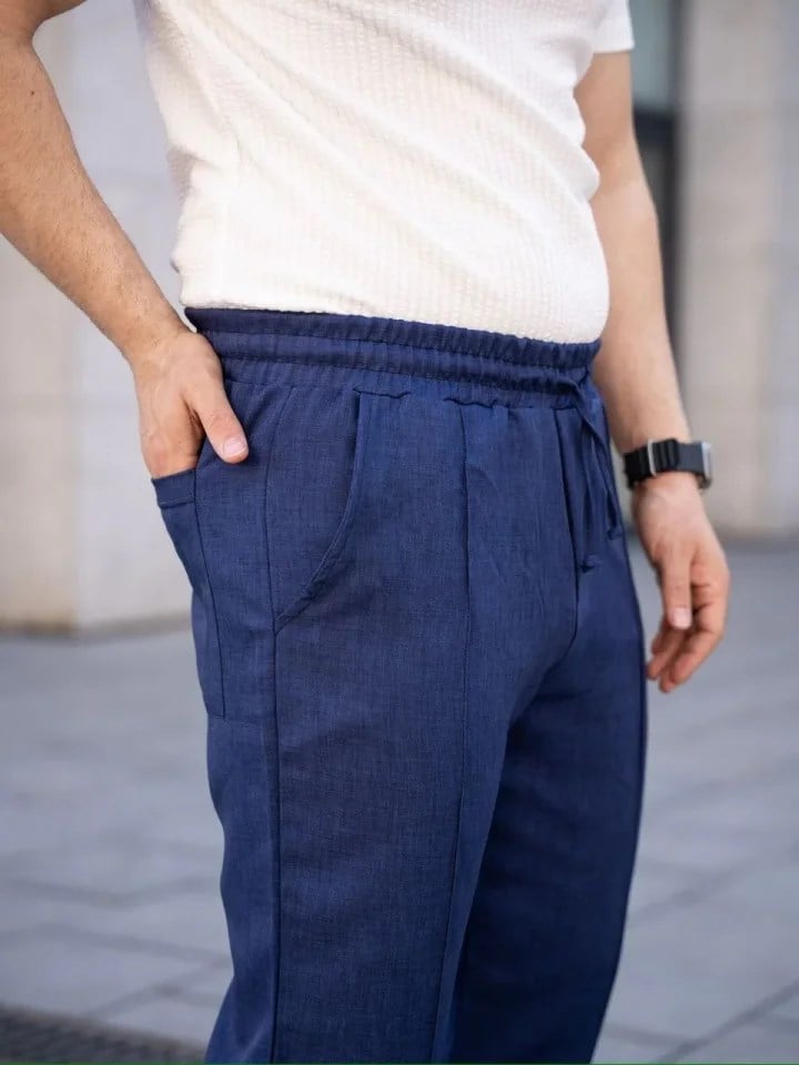 Erkek Keten Cepli Çıma Dikişli Jogger Buggy Pantalon Rahat Kalıp - Lacivert