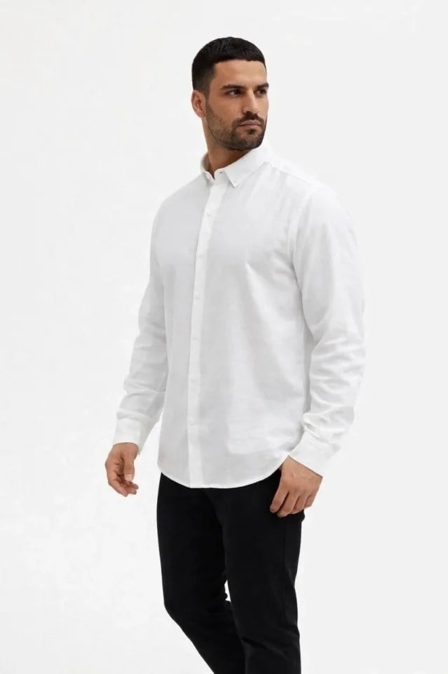 Erkek KETEN Kumaş Oversize Uzun Kollu Rahat Kalıp Gömlek - Beyaz