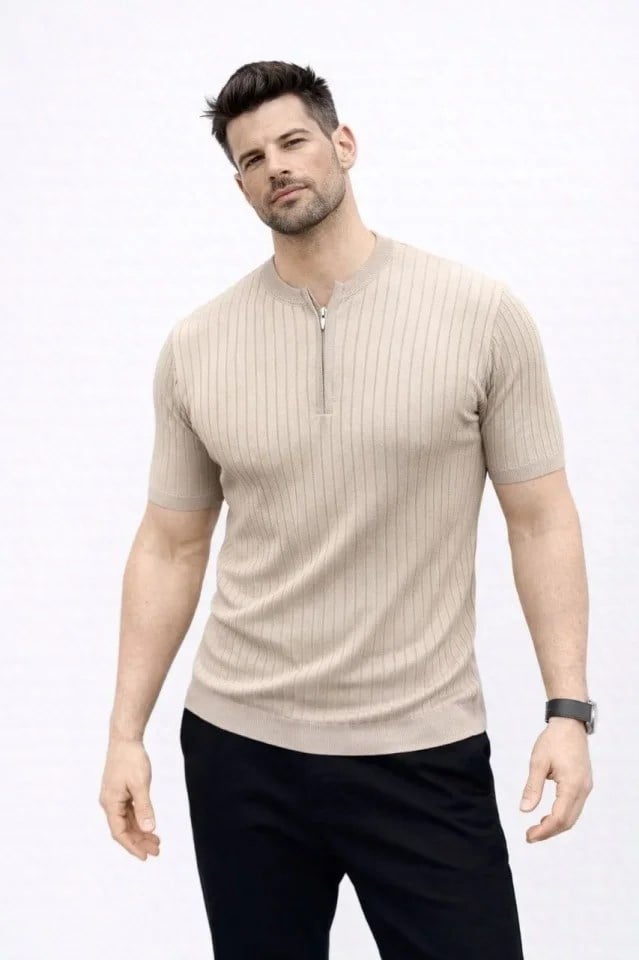 Erkek Kısa Kol Fitilli Triko T-Shirt Yazlık Hakim Yaka Tişört - Bej