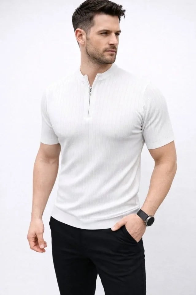 Erkek Kısa Kol Fitilli Triko T-Shirt Yazlık Hakim Yaka Tişört - Beyaz