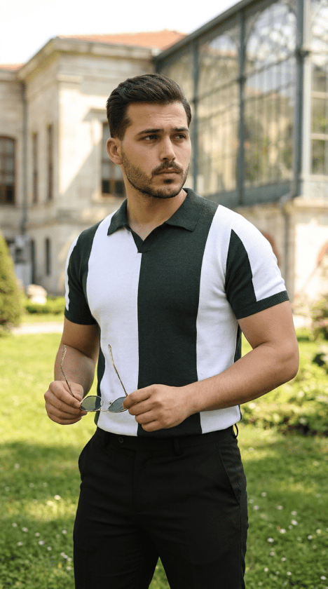 Erkek Kısa Kollu Polo Yakalı Blok Desenli Triko Bluz