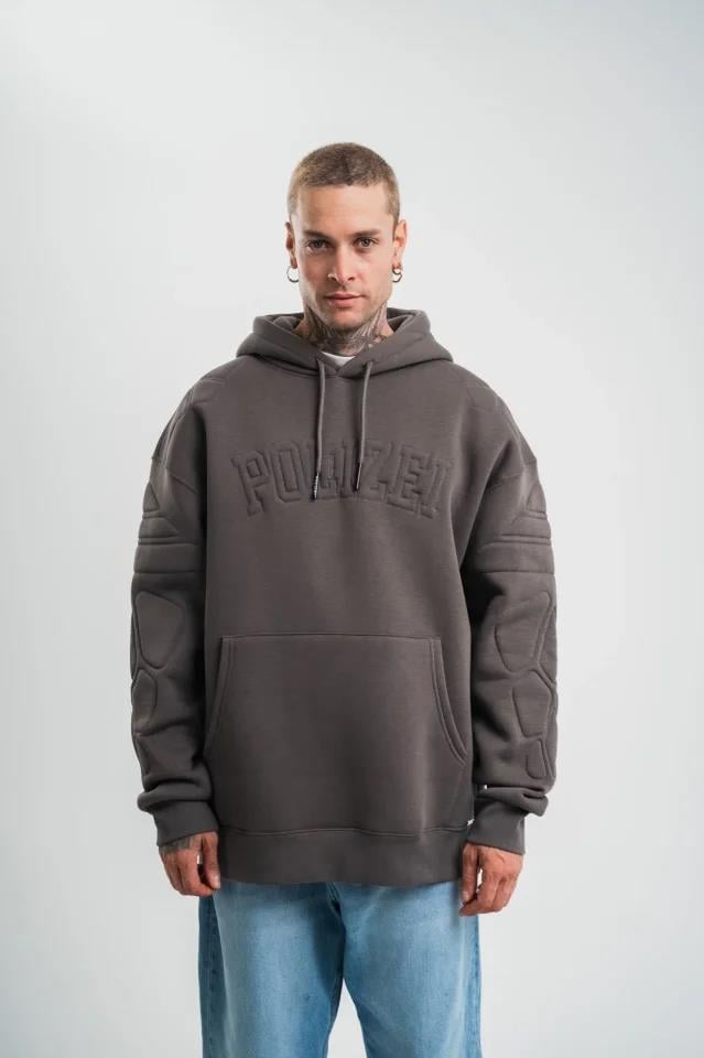 Erkek Nakış İşlemeli Kapşonlu Antrasit Sweatshirt Üç İplik Double Oversize- Füme