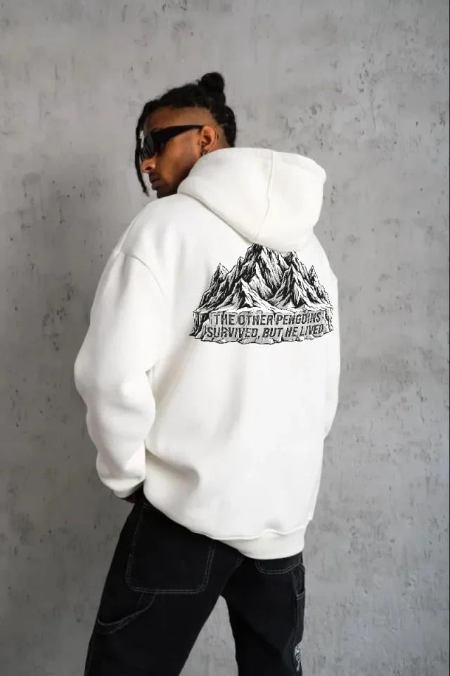 Erkek Nihilist Penguen Temalı Oversize Kapüşonlu Sweatshirt - Beyaz