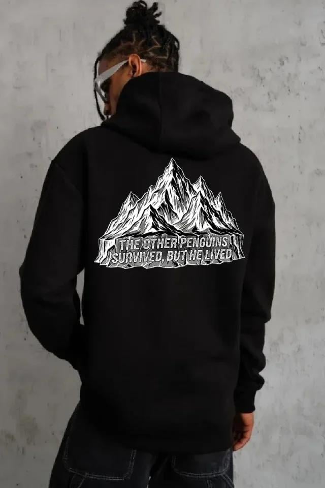 Erkek Nihilist Penguen Temalı Oversize Kapüşonlu Sweatshirt - Siyah