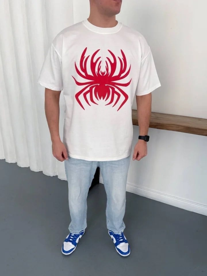 Erkek Örümcek Baskılı Tişört Kısa Kollu Bisiklet Yaka T-Shirt - Beyaz