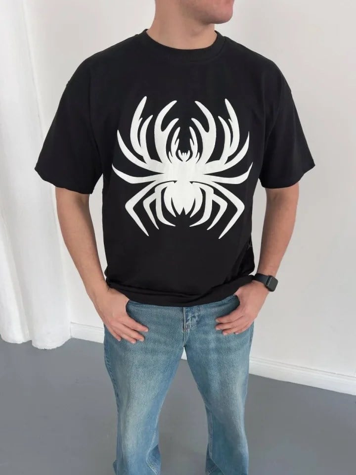 Erkek Örümcek Baskılı Tişört Kısa Kollu Bisiklet Yaka T-Shirt - Siyah