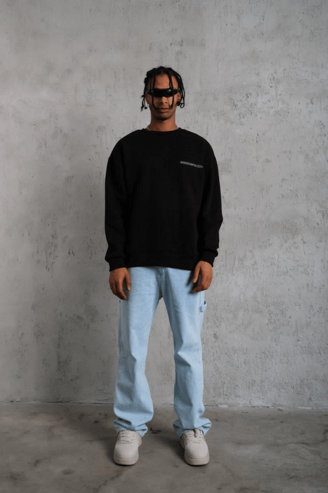 Erkek Oversize Sweatshirt – Siyah Renk  Ön Ve Sırt Baskılı, Üç İplik İçi Pamuklu Kumaş, Rahat Kalıp, Ribanalı Kışlık Sweat  Winagain Polizei Serisi - Siyah