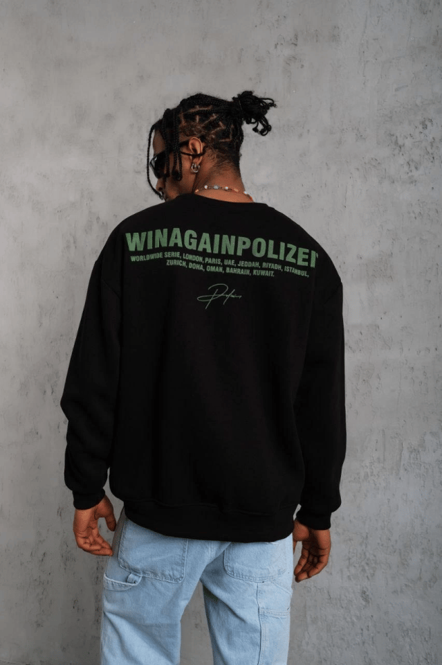 Erkek Oversize Sweatshirt – Siyah Renk  Ön Ve Sırt Baskılı, Üç İplik İçi Pamuklu Kumaş, Rahat Kalıp, Ribanalı Kışlık Sweat  Winagain Polizei Serisi - Siyah