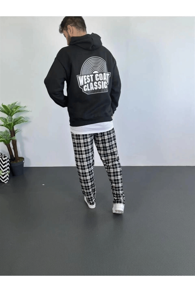 Erkek Oversize Üç İplik Kapüşonlu Sweatshirt – Siyah Sırt Ve Ön Baskılı, Kanguru Cepli, Rahat Kalıp, İçi Pamuklu ModeL-Siyah