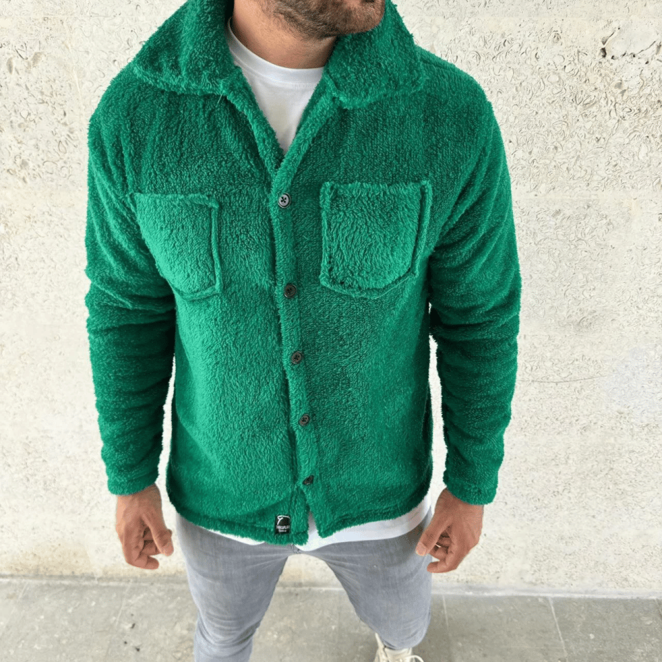 Erkek Pelüş Polar Hırka Gömlek – Yakalı, İlik Düğmeli, Göğüs Cepli, Yumuşak Dokulu Kışlık Regular Fit Rahat Günlük Model - Çimen Yeşili