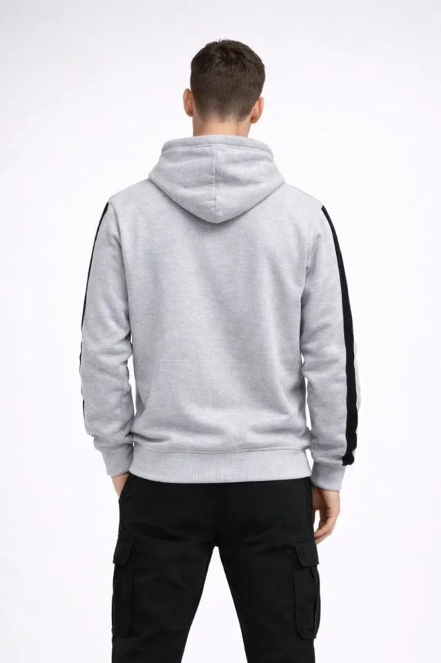 Erkek Şeritli Kapüşonlu Sweatshirt Oversize 3 Iplik Pamuklu - Beyaz