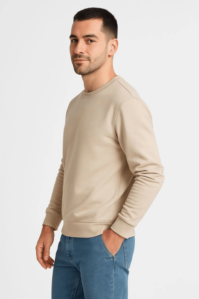 Erkek Üç İplik Düz Bisiklet Yaka SweatShirt - Bej