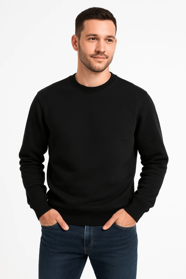 Erkek Üç İplik Düz Bisiklet Yaka SweatShirt - Siyah