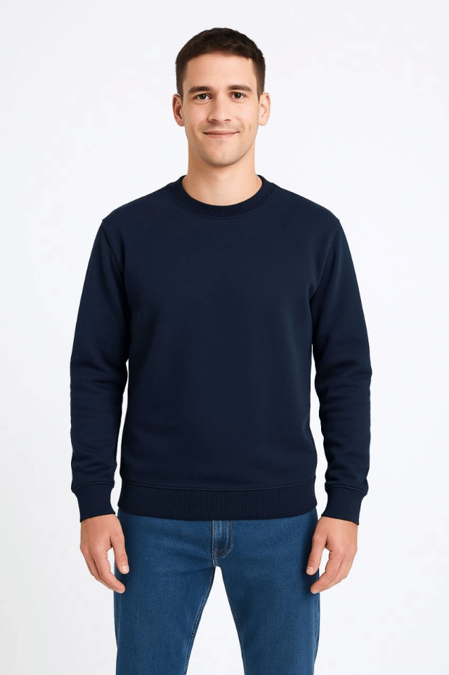 Erkek Üç İplik Düz Bisiklet Yaka SweatShirt - Lacivert