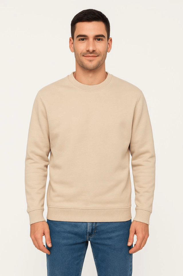 Erkek Üç İplik Düz Bisiklet Yaka SweatShirt - Bej