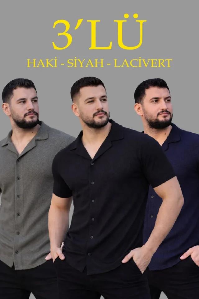 Erkek Waffle Dokuma Açık Yakalı Düğmeli Regular Kalıp 3’lü Gömlek Seti - Siyah, Haki, Lacivert