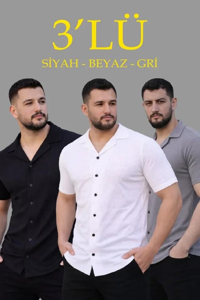 Erkek Waffle Dokuma Açık Yakalı Düğmeli Regular Kalıp 3’lü Gömlek Seti - Siyah, Beyaz, Gri